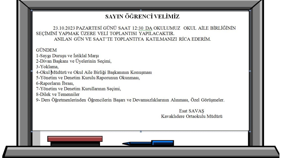 23.10.2023 PAZARTESİ GÜNÜ SAAT 12:30  DA OKULUMUZ  OKUL AİLE BİRLİĞİNİN SEÇİMİNİ YAPMAK ÜZERE VELİ TOPLANTISI YAPILACAKTIR.